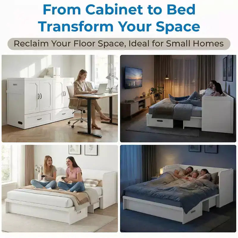 Mjkone Queen-Size-Schrankbett mit Matratze, USB-Ladeanschluss und Aufbewahrungsschubladen