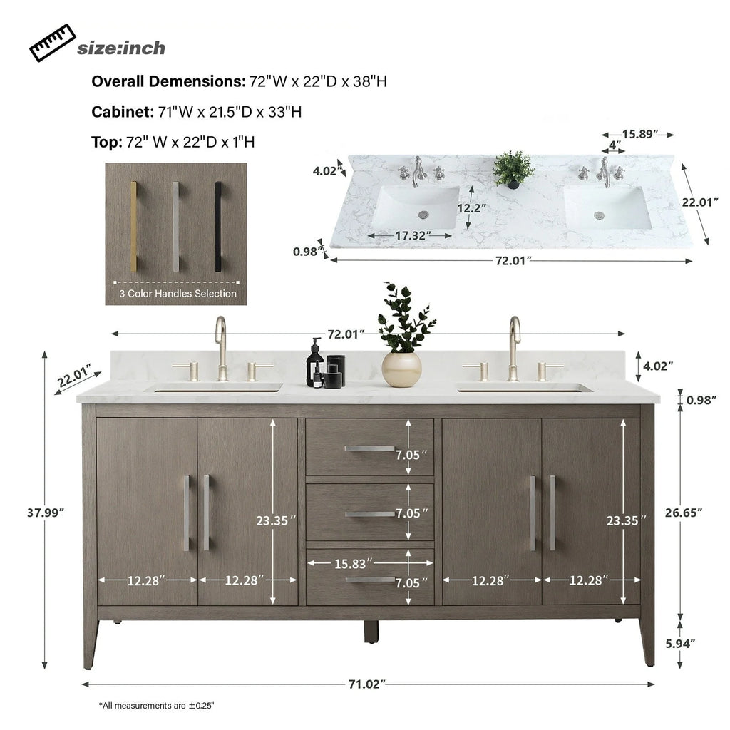 Vanity Art 72 Zoll Badezimmer-Waschtischunterschrank mit Doppelwaschbecken und Kunstmarmorplatte