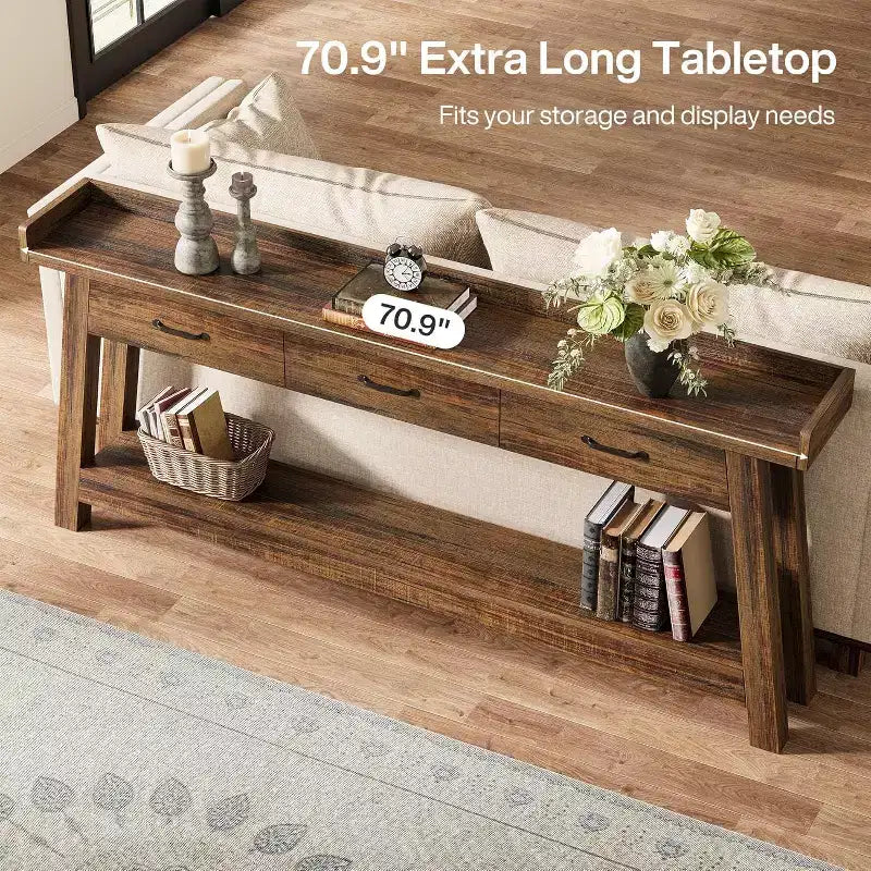 Lantine 2-stöckiger Sofatisch mit 3 Schubladen, 180 cm Konsolentisch mit erhöhter Ablage und Staufächern für Wohnzimmer, Flur, Eingangsbereich