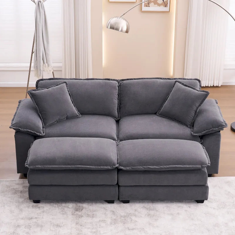 2-Sitzer-Sofa mit 2 Kissen, 2 Polstern und 2 Hockern, bequemes Sofa – Tiefes Wohnzimmersofa, Modulsofa