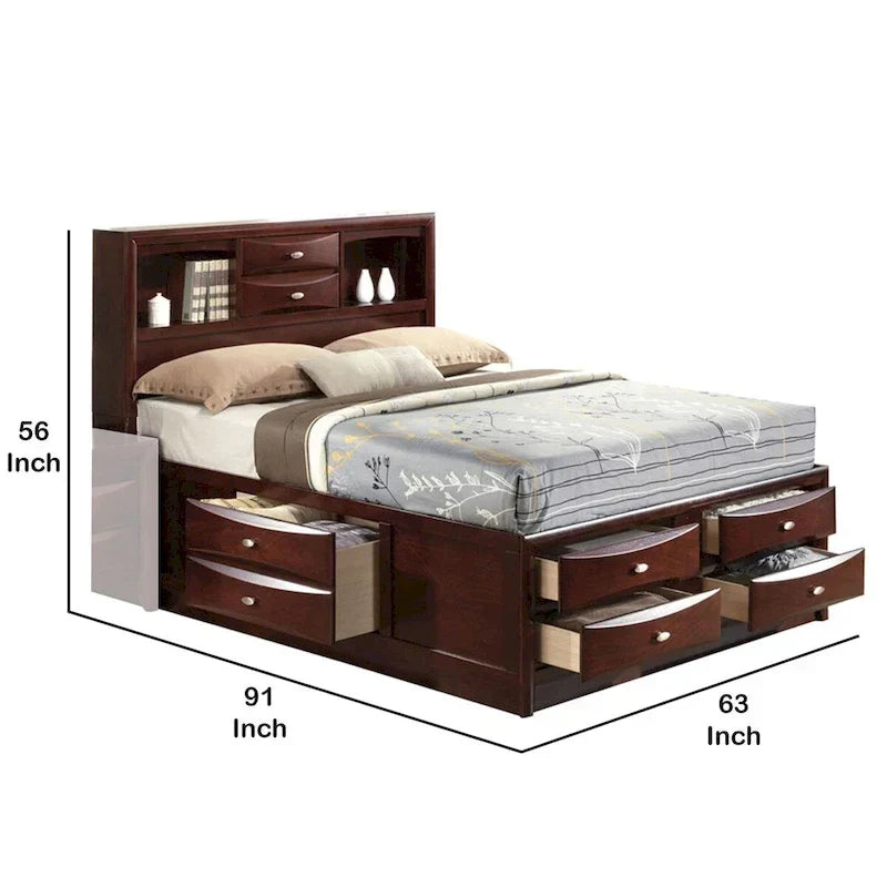Paneelbett Queen Size mit Kopfteilregal und Schubladen, Braun