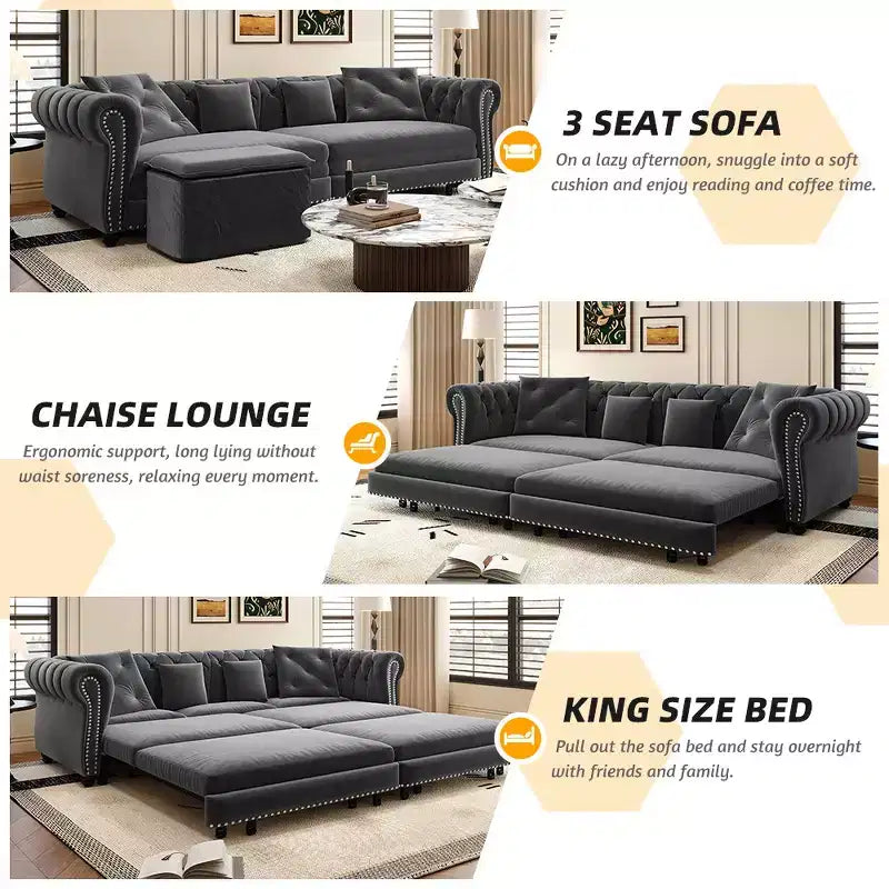 Whisen Velvet 3-in-1 Schlafsofa und wandelbares Schlafsofa im Kingsize-Format mit ausziehbarem Ottomane, getuftetem Design