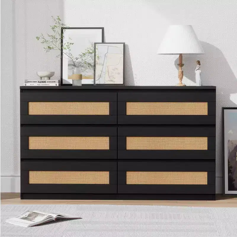 Rattan-Kommode für Schlafzimmer mit 6 Schubladen, 47" moderne Farmhouse breite Kommode, Holz-Aufbewahrungsschrank-Organizer für Kleiderschrank, Wohnzimmer, Flur