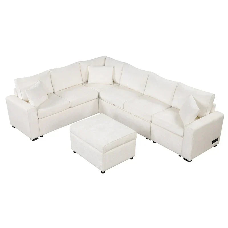 Chenille Ecksofa mit Ausziehfunktion, L-förmiges Schlafsofa mit Stauraum-Ottomane, 3 Kissen und Ladevorrichtungen