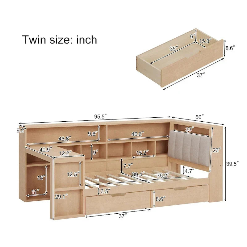 L-förmiges Holzsofa-Tagesbett mit Schreibtisch, Bücherregal, Eckbett mit Schubladen unter dem Bett, gepolstertem Kopfteil und integrierter Beleuchtung