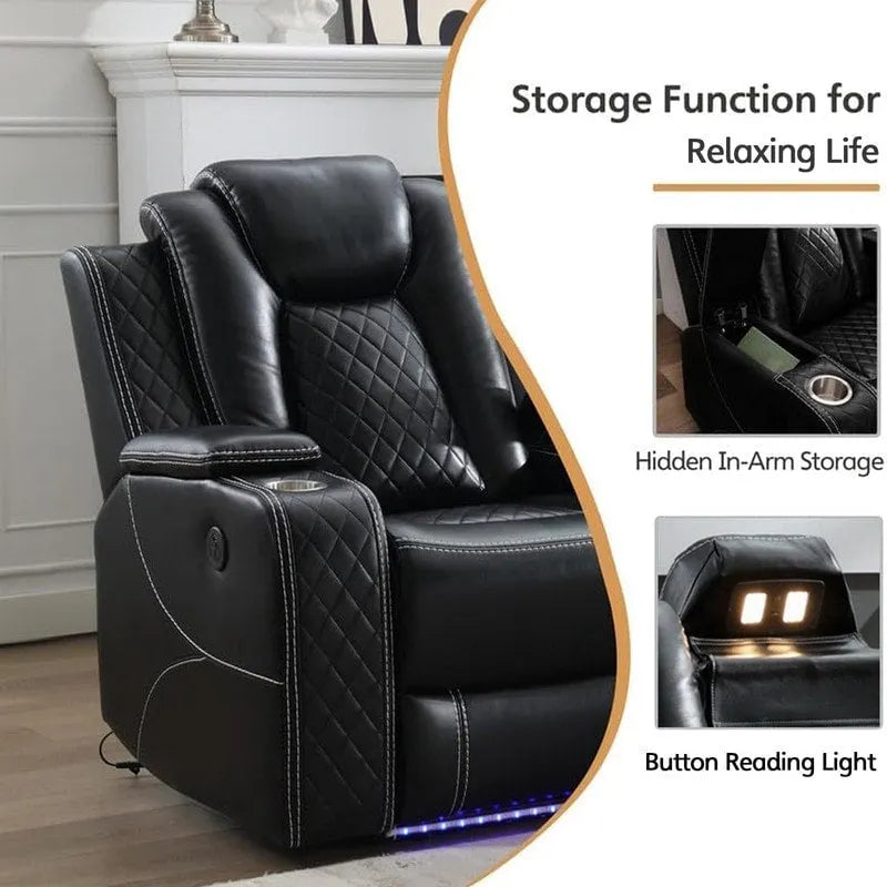 Elektrisches Relaxsofa mit kabellosem Ladegerät, Leselampe für das Wohnzimmer, Kunstleder-LED-Beleuchtung, AC/USB-Anschluss, Getränkehalter, Schwarz