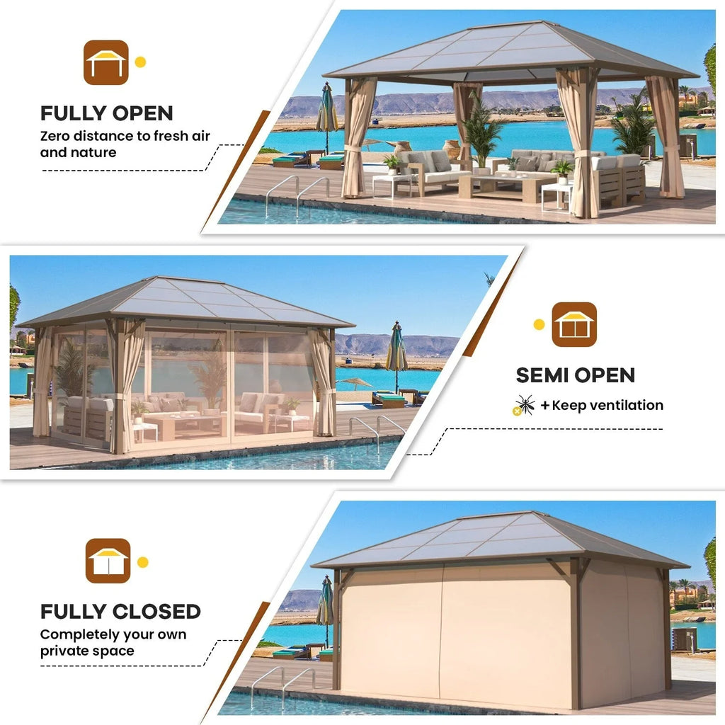 EROMMY Hardtop-Pavillon, Outdoor-Pergola mit Doppeldach & Netzen & Vorhängen, Hochleistungs-Canopy für Terrasse, Garten, Poolparty
