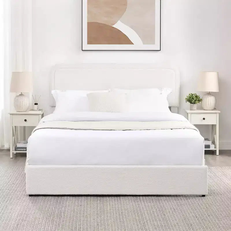 Modernes Bouclé Polsterbett Queensize mit Schubladen