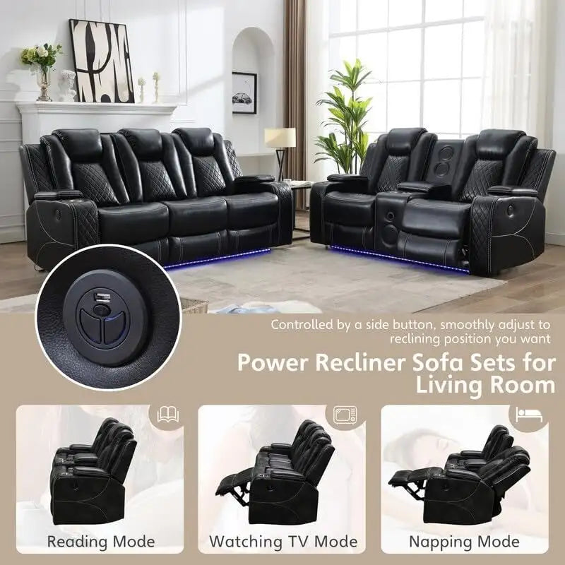 Elektrisches Relaxsofa mit kabellosem Ladegerät, Leselampe für das Wohnzimmer, Kunstleder-LED-Beleuchtung, AC/USB-Anschluss, Getränkehalter, Schwarz