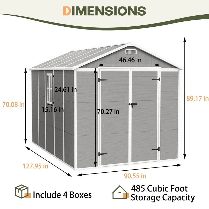 2 x 1,2 m/2 x 2,4 m/2,4 x 1,8 m/2,4 x 3 m Allwetter-Gartenhaus aus Harz mit Bodenplatte, Spire-Geräteschuppen