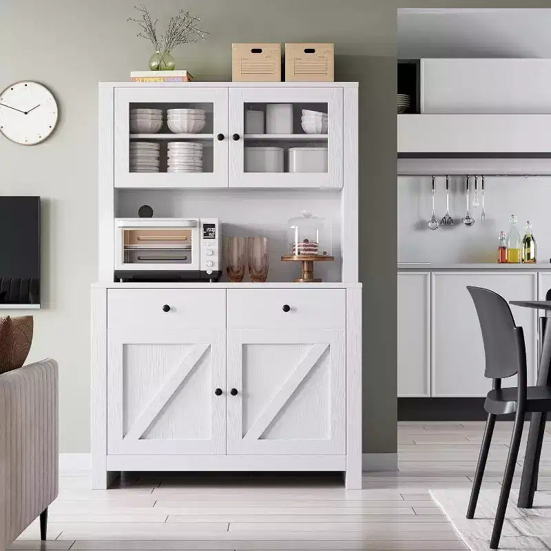 Küchenschrank mit Mikrowellenständer, Vitrinenschrank mit Anrichte und verstellbaren Einlegeböden, für Küche, Esszimmer