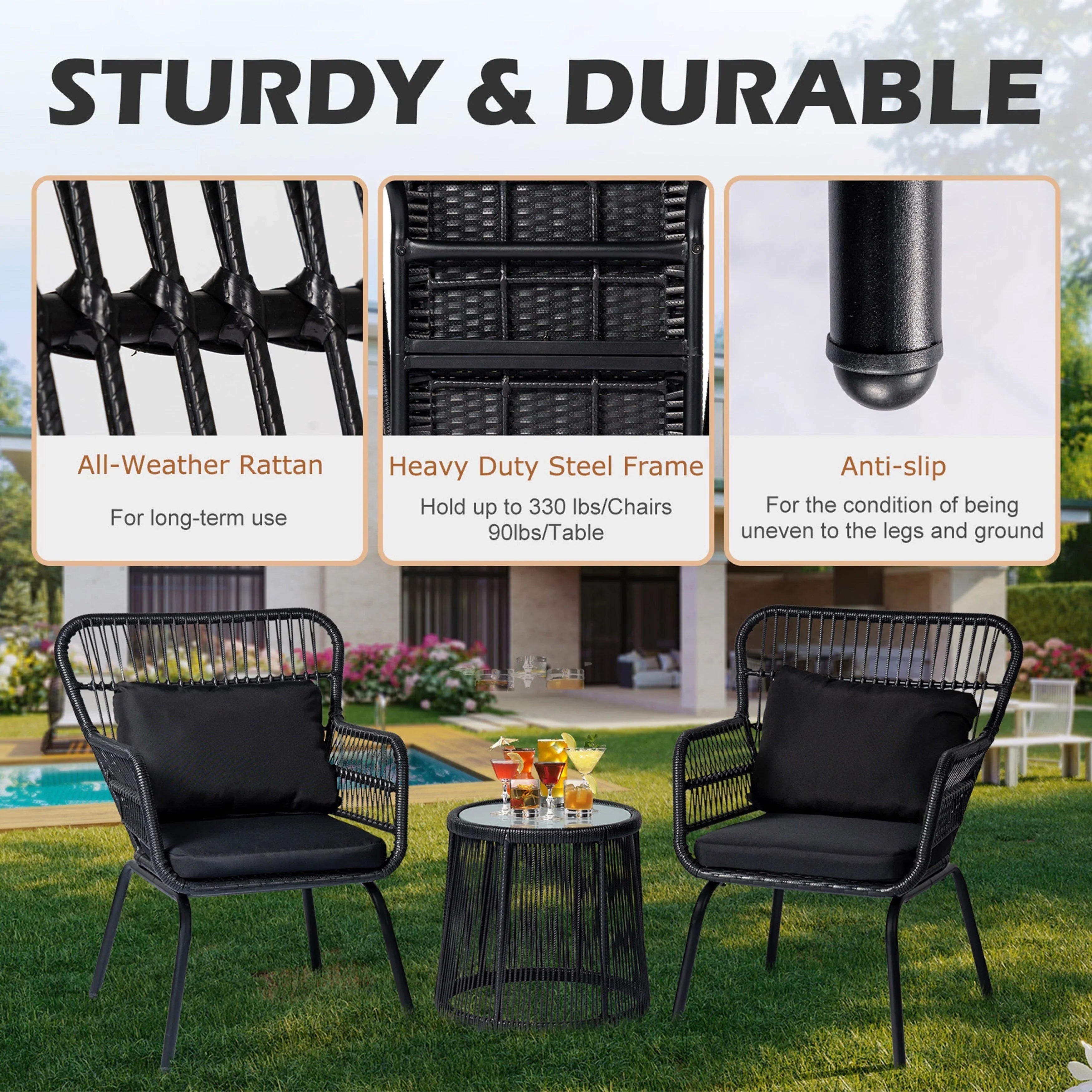3-teiliges Outdoor-Bistro-Set aus Korbstühlen, witterungsbeständige Rattanmöbel-Sitzgruppe mit Kissen