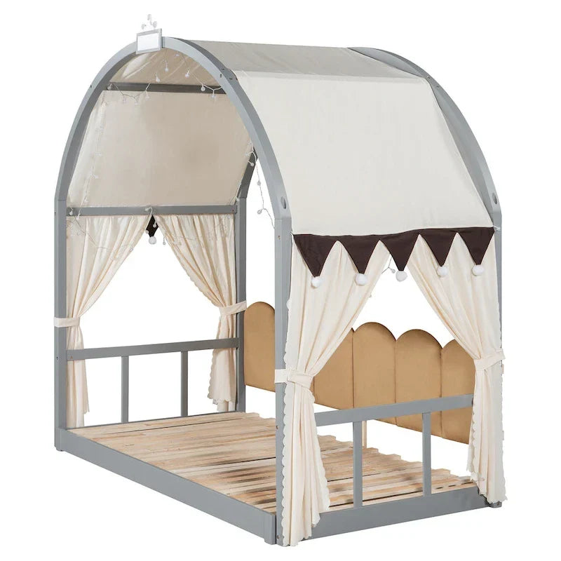 Massivholz-Spielhaus-Plattformbett, Montessori-Bettrahmen mit gewölbtem Dach und Ausziehbett für Mädchen und Jungen
