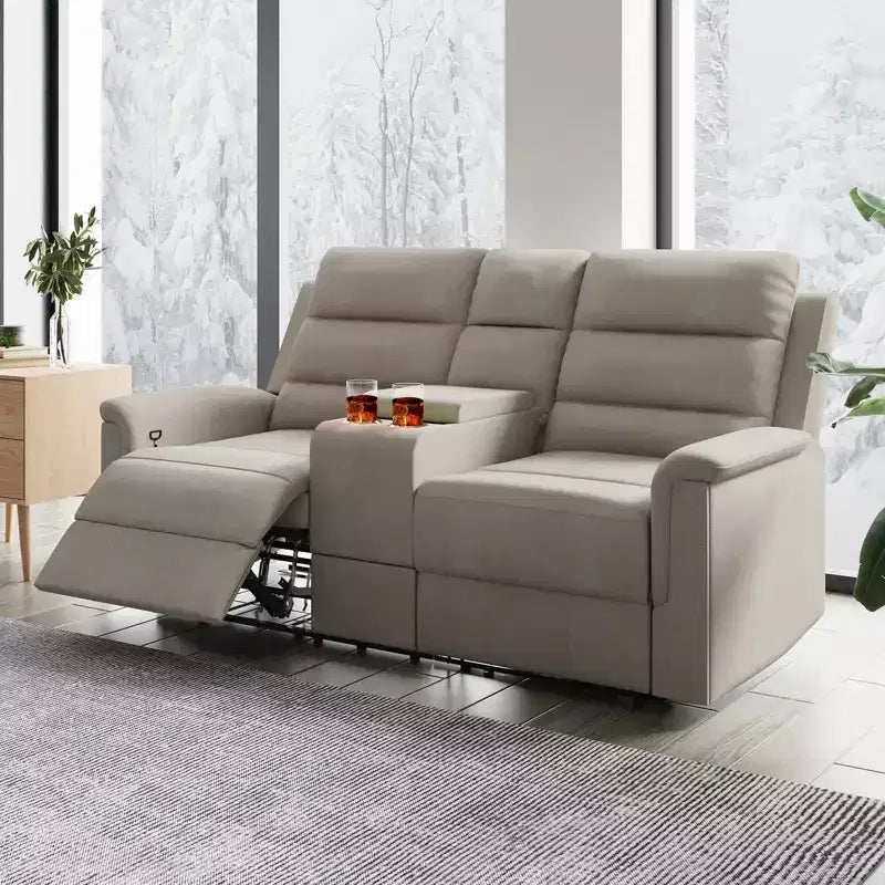 Beige/Graues 2-Sitzer Sofa mit Relaxfunktion aus Tech-Stoff, verstellbare Rückenlehne & Fußstütze