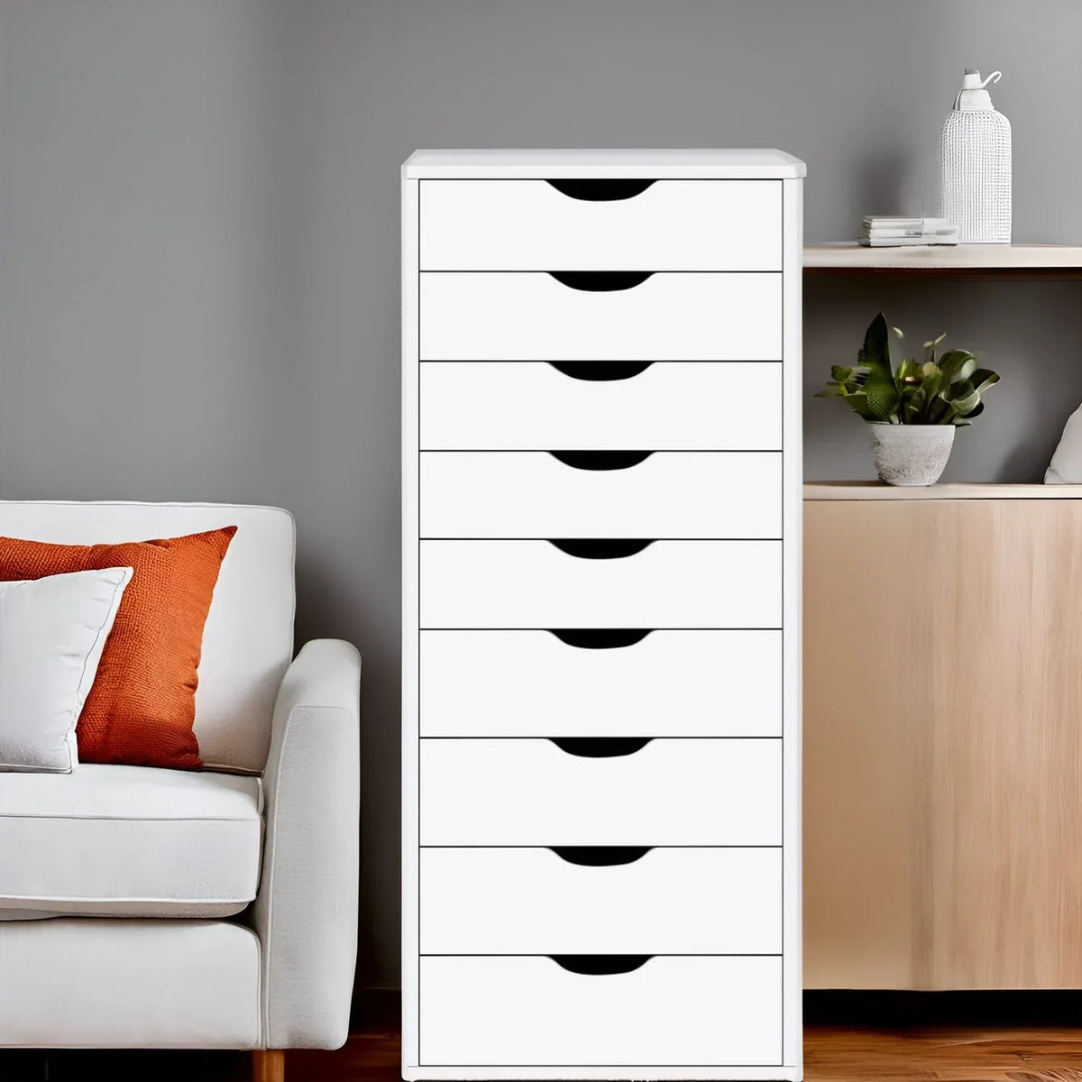 Schmaler Holzschrank mit 9 Schubladen, leichtgängigen Auszügen und Ablagefach oben