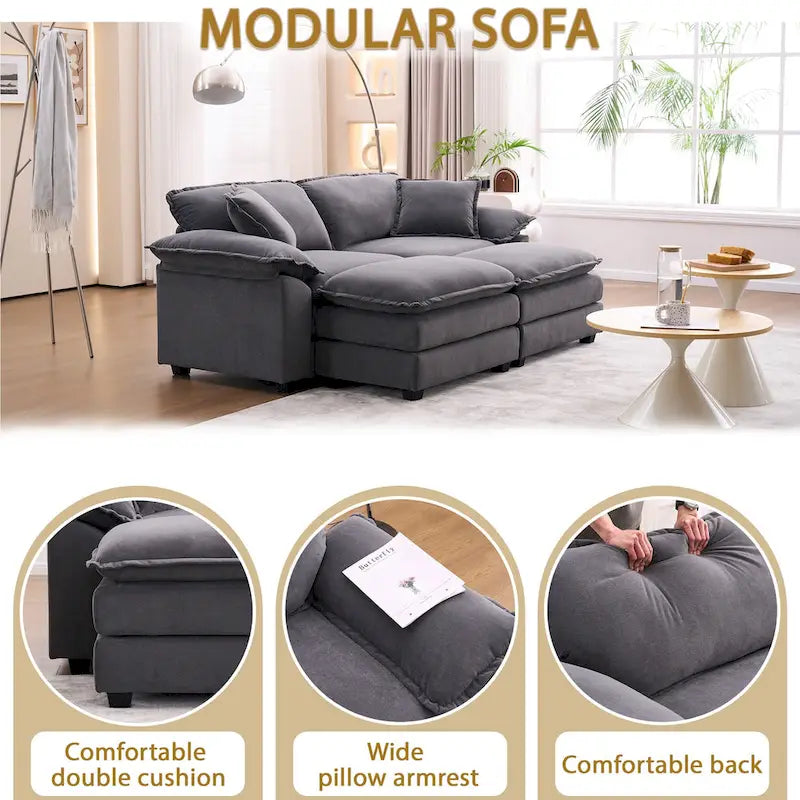 2-Sitzer-Sofa mit 2 Kissen, 2 Polstern und 2 Hockern, bequemes Sofa – Tiefes Wohnzimmersofa, Modulsofa