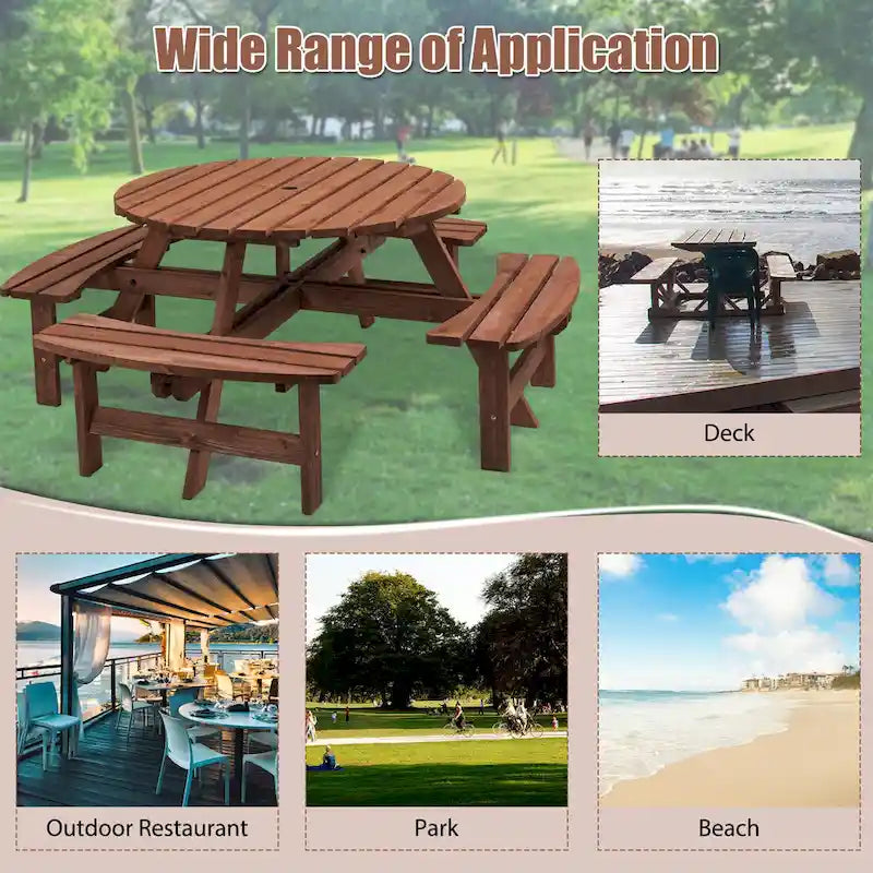 8-Personen Outdoor-Picknick-Esstisch-Garnitur aus Tannenholz, rund, mit 4 integrierten Bänken und Sonnenschirmloch