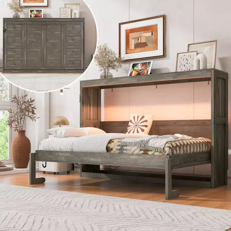 Doppelbett Murphy-Bett mit LED-Beleuchtung, kann in einen Schrank umgewandelt werden, Verstecktes Wandbett-Schrank für Gästezimmer