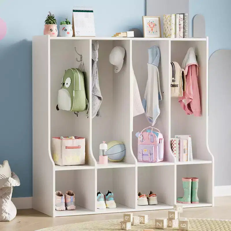 Braun/Weißes Garderobenfach mit 4 Abschnitten und 8 Haken, für Kinder