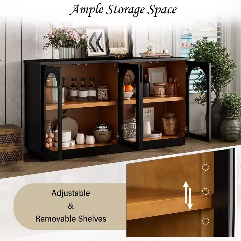 Großes 4-türiges Sideboard mit Glastüren, gewölbtes Sideboard mit verstellbaren Einlegeböden für die Küche