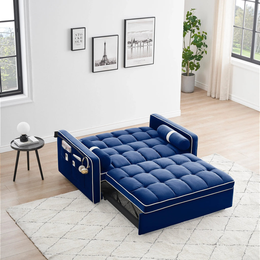 Samt-Schlafsofa zum Umbauen, 140 cm, 2-Sitzer, mit Ausziehbett, verstellbarer Rückenlehne, Seitentaschen und Handyhalterung