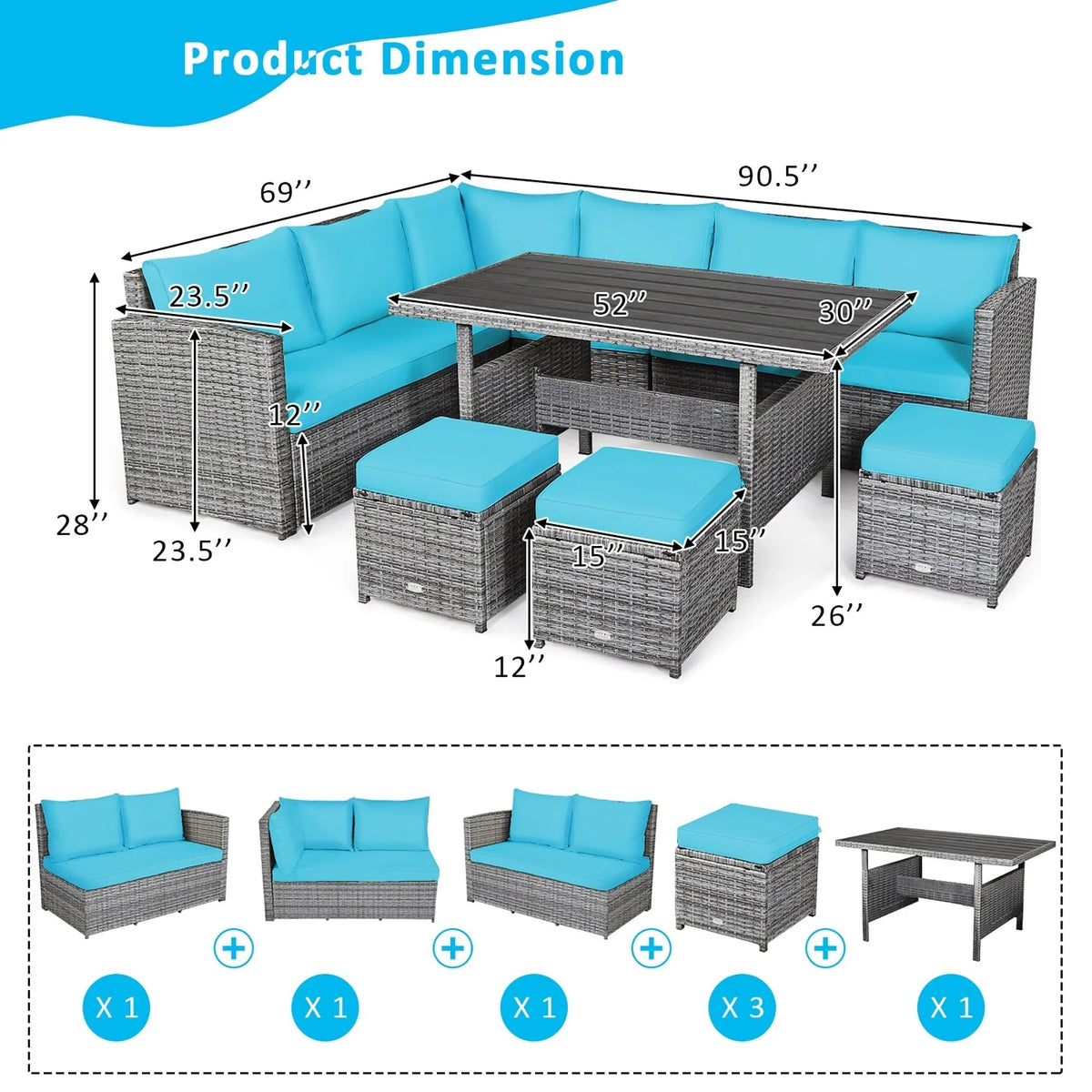 Costway 7-teiliges Terrassen-Essgruppe Rattan-Sofa Couch Ottomane – Details ansehen