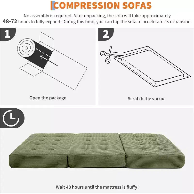SunnyFurn 6 Zoll Dreifach-Klappmatratze Schlafsofa, 75x54,3 Schaumstoff-Gästebett mit getuftetem Cordbezug, tragbar für Camping, Wohnzimmer, Schlafzimmer