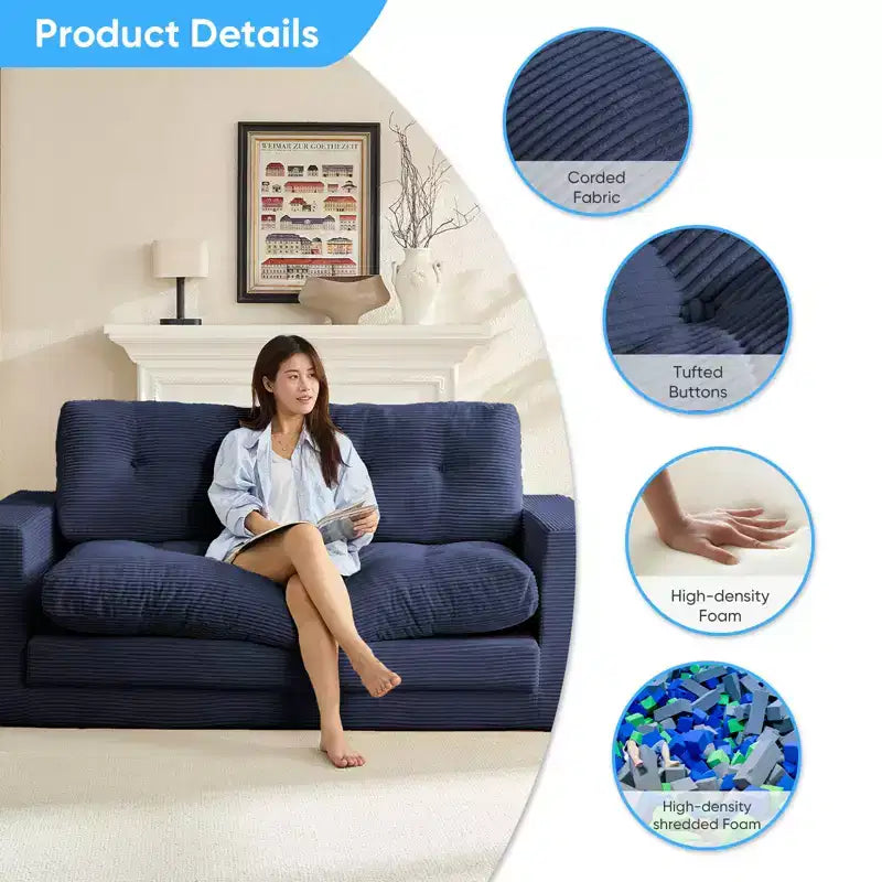 Mjkone 71" 2-in-1 Schlafsofa, umwandelbar, gerippter Stoff, klappbares Zweisitzer-Schlafsofa mit geknöpften Polstern, platzsparend