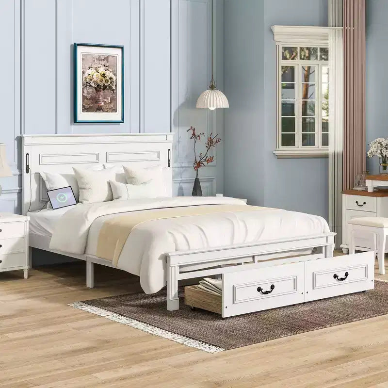 ModernLuxe Bettrahmen für Queensize-/Kingsize-Betten mit hohem Kopfteil, rustikales Holzbettgestell mit 2 Schubladen, LED-Beleuchtung und USB-Anschlüssen