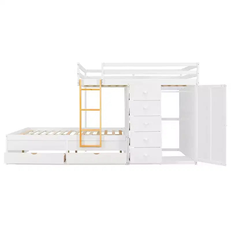 Etagenbett „Full-over-Full“ mit Kleiderschrank und Schubladen, platzsparendes Etagenbett aus Holz in voller Größe mit Rausfallschutz für Apartment, Schlafzimmer