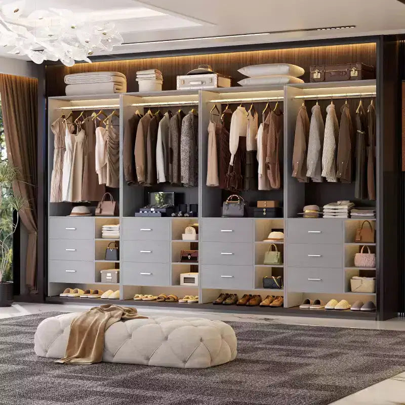 Besiost 4er-Set Kleiderschrank-Organizer mit Holzschubladen und Kleiderstangen