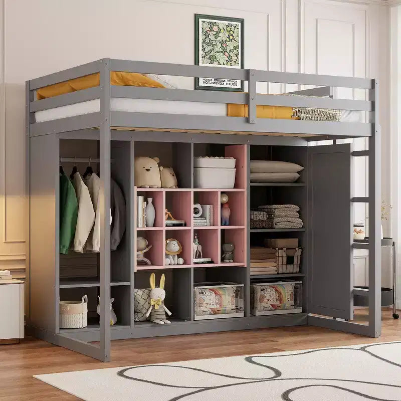Hochbett für Kinder mit Kleiderschrank und Regalen, Holz-Hochbettgestell mit Aufbewahrungsschrank für Kinder und Jugendliche