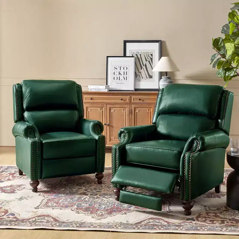2er-Set Elisabete Modern Wingback Echtleder-Liegesessel mit Vintage-Nagelkopfleiste für Wohn- und Schlafzimmer | ART OF LIVING DESIGNS
