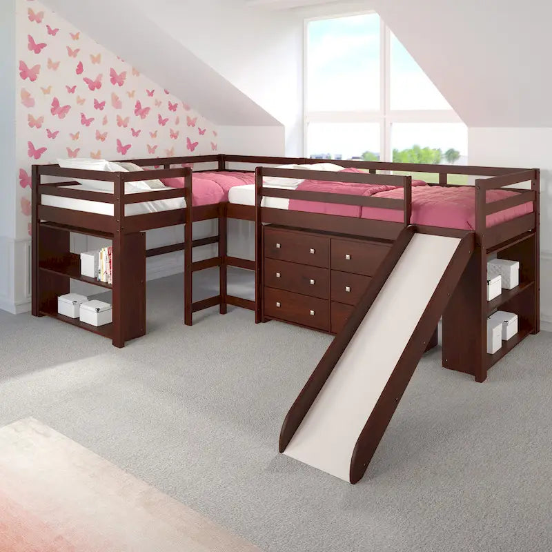 Doppeltes L-förmiges Etagenbett mit Rutsche und Schlafzimmermöbel-Set in dunklem Cappuccino