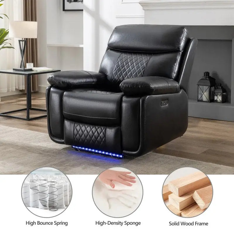 Elektrisches Liegesofa mit kabelloser Ladestation, Leselampe, LED-Beleuchtung für Wohnzimmer, Kunstleder, AC-/USB-Anschluss, Getränkehalter, Schwarz