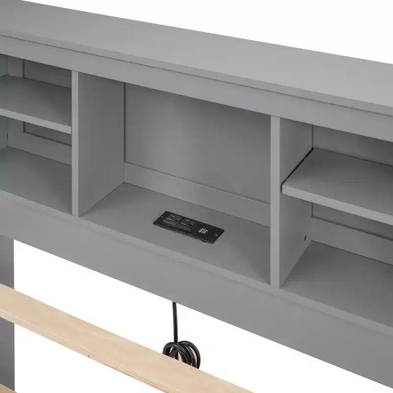Plattformbett mit Rollbett und Schubladen, Stauraumbett mit USB-Anschluss, Holzbett mit Bücherregal