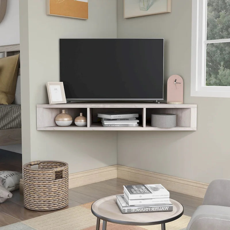 47 Eck-TV-Schrank, schwebend, 3 Ablagen, Transitional Style, platzsparende Wandmontage