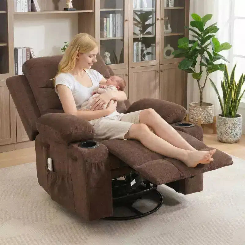 Übergroßer 360°-Dreh- und Schaukelsessel mit Massage und Heizung – Ergonomischer Loungesessel mit Getränkehaltern, Seitentaschen für Wohnzimmer, Kinderzimmer