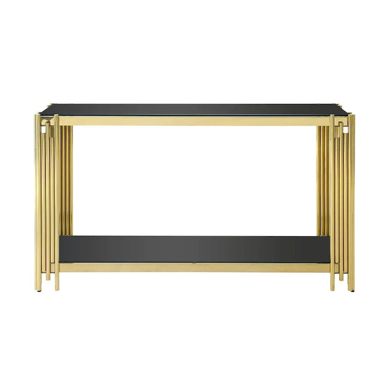 Schmaler 2-stöckiger Konsolentisch mit goldfarbenem Metallrahmen und Tischplatte aus gehärtetem Glas