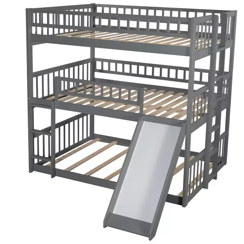 Doppelstockbett mit drei Etagen, Full-Size-Betten, umwandelbarer Leiter und Rutsche, Dreibettbett mit Schutzgeländern, Weiß/Grau/Espresso – ModernLuxe