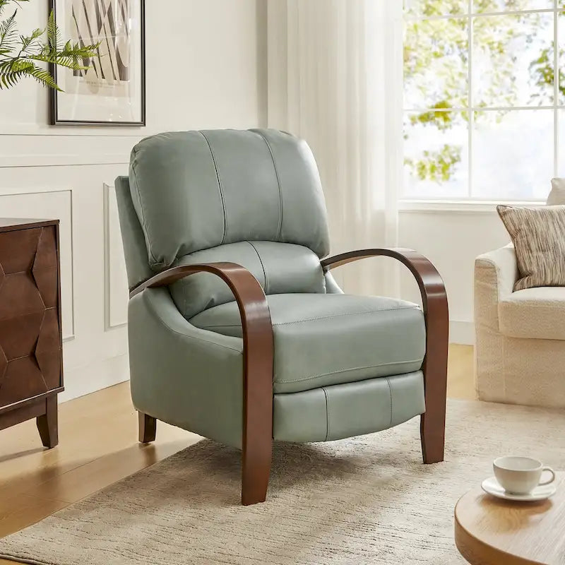 Alex Mid-Century Modern Zigarren-Sessel aus echtem Leder mit manueller Relaxfunktion und geschwungenen Holzarmlehnen