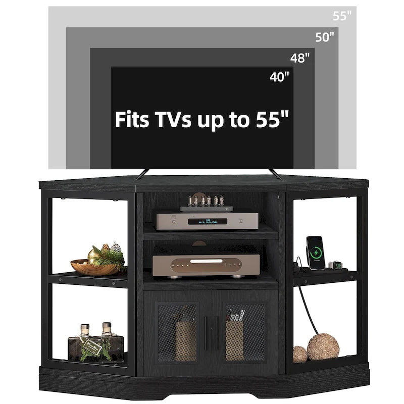 Farmhouse Eck-TV-Ständer Unterhaltungscenter Medienkonsole für Fernseher bis 55 Zoll mit Steckdose