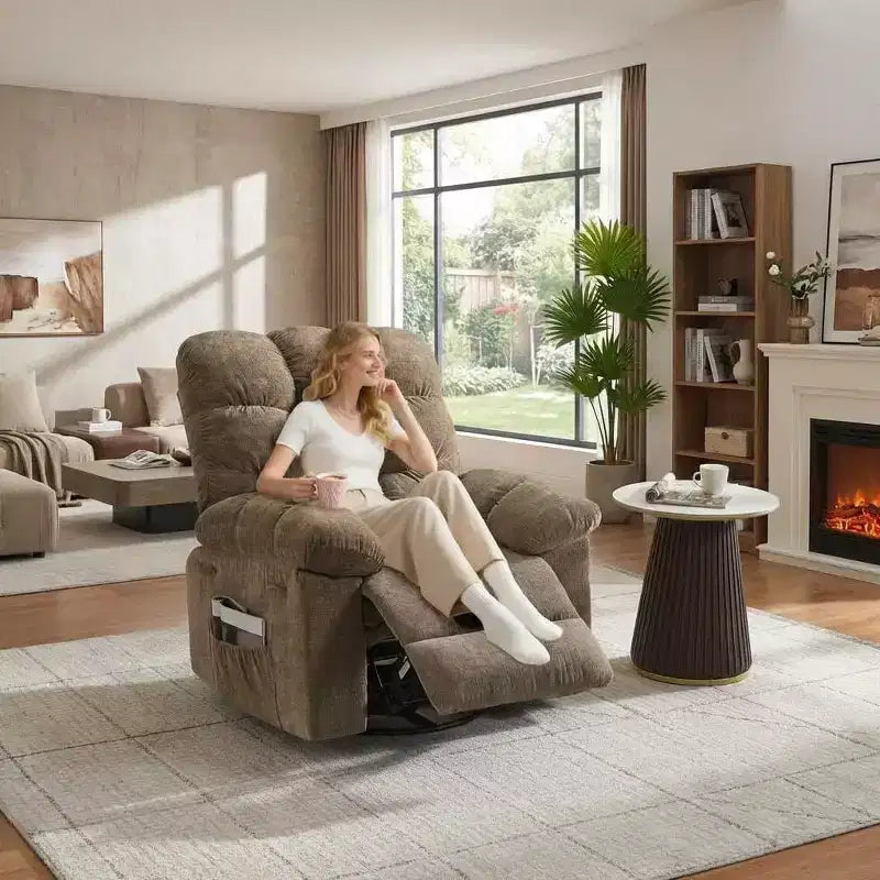 Massage-Liegesessel mit Heizfunktion – 360° drehbarer Schaukelstuhl, überdimensioniertes Einzelsitzer-Sofa mit Vibration, USB-Anschluss und Aufbewahrungstaschen für Wohnzimmer/Schlafzimmer