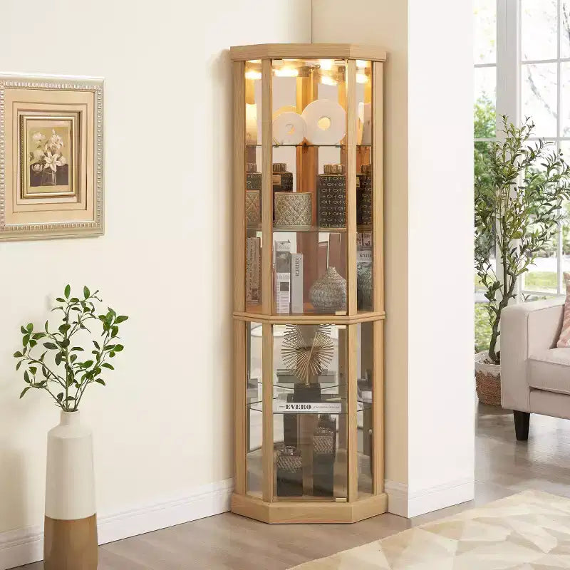 Eck-Vitrine mit Glastüren und Regalen, Eck-Schaukasten für das Wohnzimmer