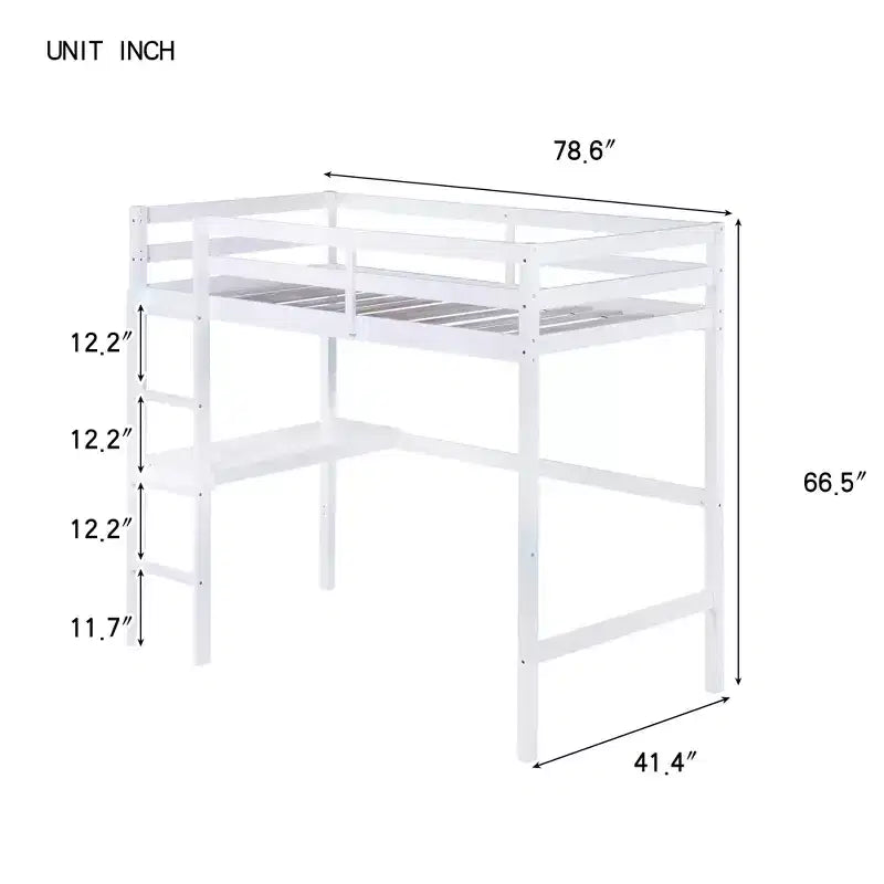 Okak Minimalism Hochbett mit Leiter, Hochbett aus Kautschukholz mit Sicherheitsgeländer und integriertem Schreibtisch, Bettrahmen für Kinder, Jugendliche