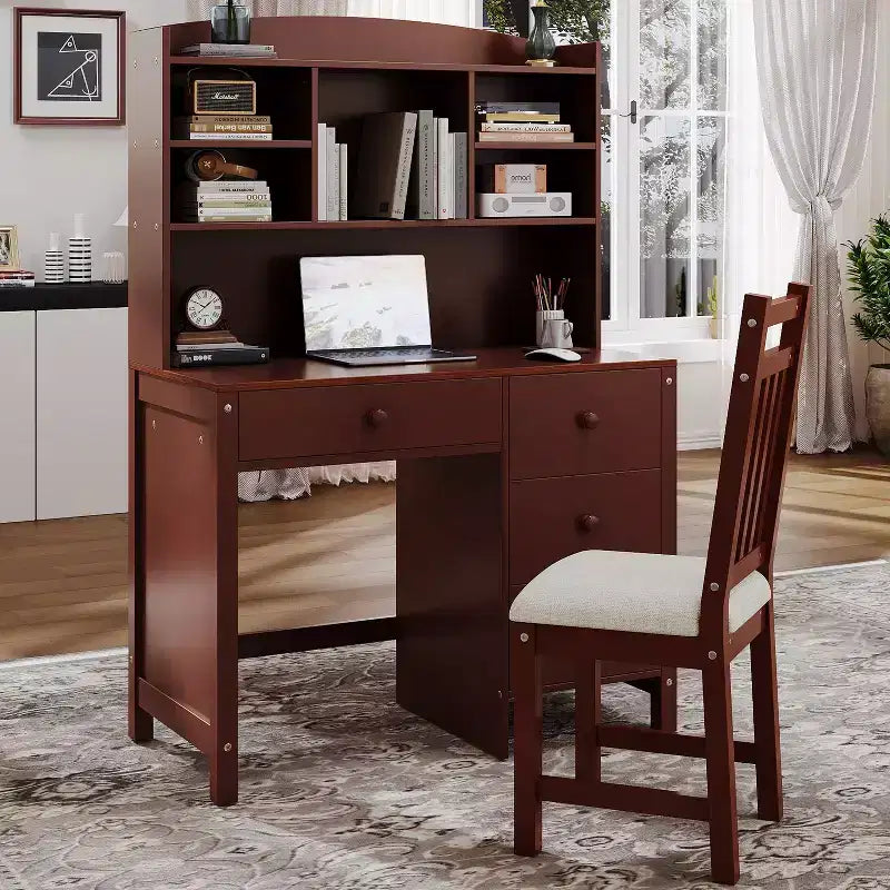 Okak Moderner Home-Office-Computertisch aus Holz mit Desktop/Stuhl & Regal, Jugend-Schüler-Schreibtisch mit Stauraum zum Lernen, Büro