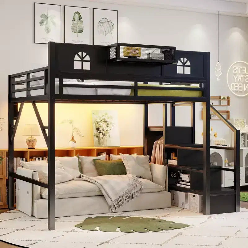 ModernLuxe Hochbett für Full/Queen-Betten mit Treppe und integriertem Kleiderschrank, Metallbettgestell mit LED-Beleuchtung, USB-Ladestation und Ablagefächern