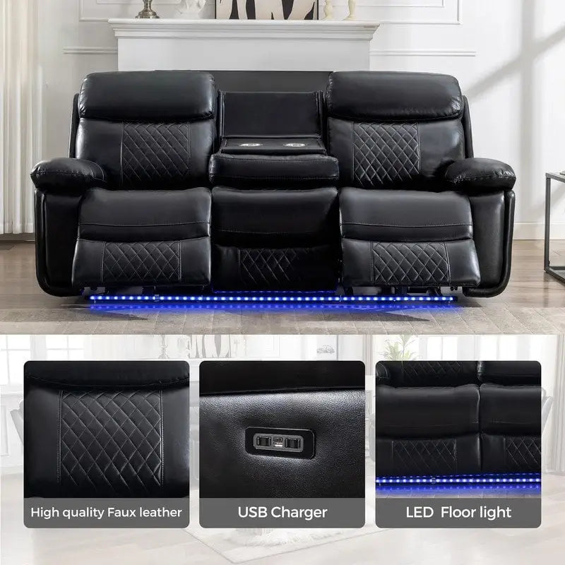 Elektrisches Liegesofa mit kabelloser Ladestation, Leselampe, LED-Beleuchtung für Wohnzimmer, Kunstleder, AC-/USB-Anschluss, Getränkehalter, Schwarz