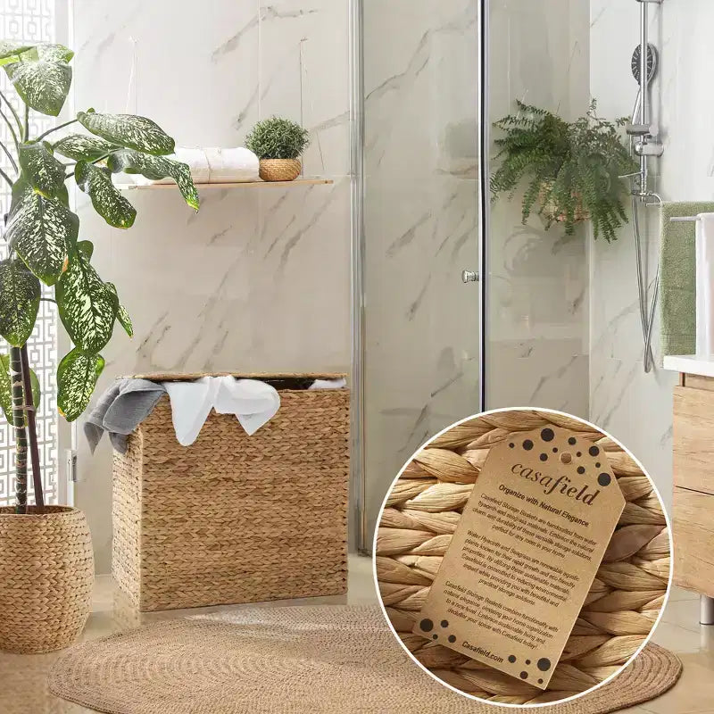Casafield Wäschekorb mit 2 Fächern, Deckel und herausnehmbaren Wäschesäcken, Wäschekorbsortierer aus Wasserhyazinthe für Kleidung