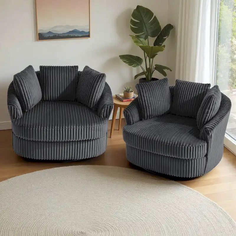 2er-Set übergroßer 43 W Plüsch-Cord-Drehsessel mit Kissen